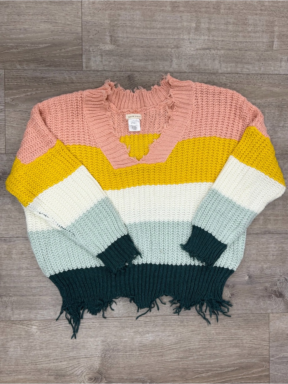 Main Strip Striped Distressed Knit Sweater in Pink, Yellow, Mint & Dark Green
